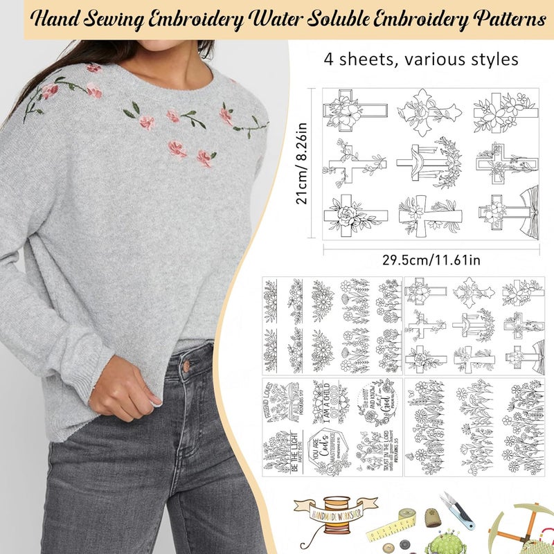 CRASHOT Water Soluble Stabilizer for Embroidery - Bible Flower Stick & Stitch Embroidery Paper Wash Away, Wildflower Cross Embroider Patterns for Jean Bag Tshirt, Hand Sewing DIY Crafts(4 Sheet) - Image 2